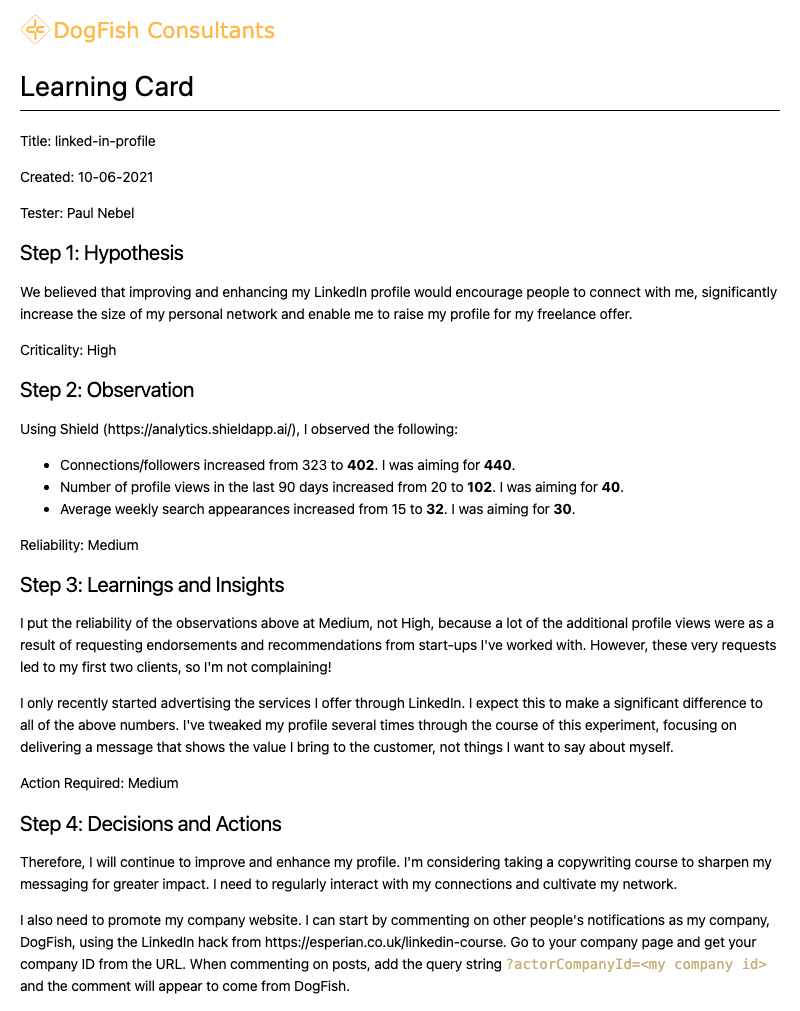 LinkedIn Profile Update Learning Card